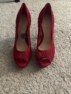GUESS Red Lace Peep-Toe High Heels